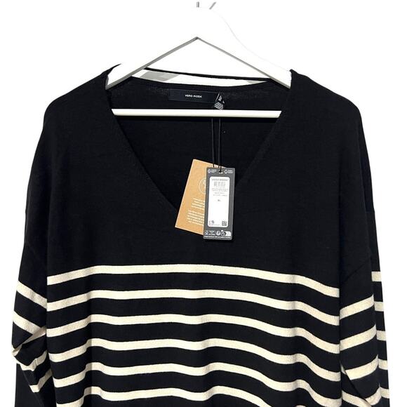 Vero Moda Happiness Black Cream Striped Fine Knit Pullover Sweater Women XLarge - Picture 5 of 12